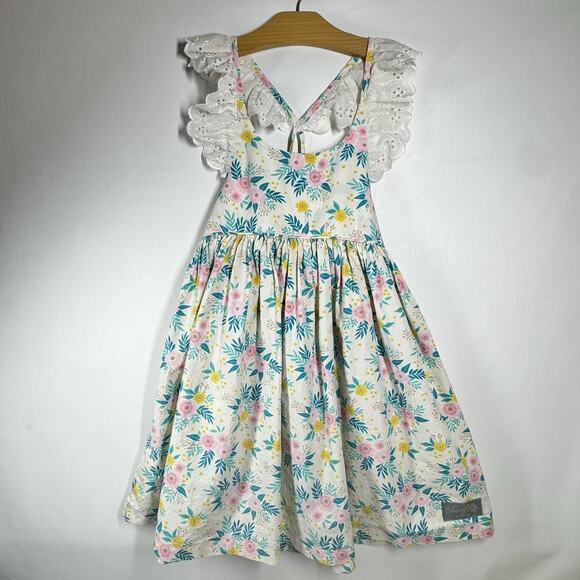 Eleanor Rose Serena Dress Sz 7/8 Floral Whimsical Ruffles Eyelet Lace Tie Back - Picture 1 of 4